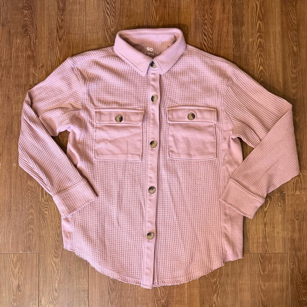 Girl’s Pink Button-Up Waffle Knit Shirt by SO - Size L 10/12 - Long Sleeve